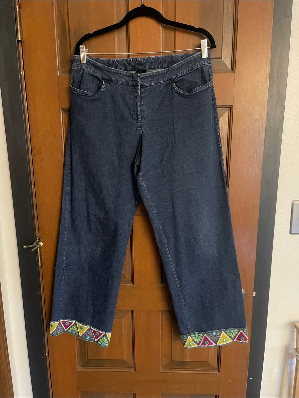 Eileen Fisher Dark Blue Wide-Leg Boho Jeans with Colorful Embroidered Cuffs